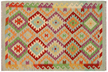 Flat Weave Kilim, Antique, Navaho, Vintage, Handmade, Geometric Kilim Blue Rust Hand-Woven Rectangle 100% Wool Area Rug 3 x 5